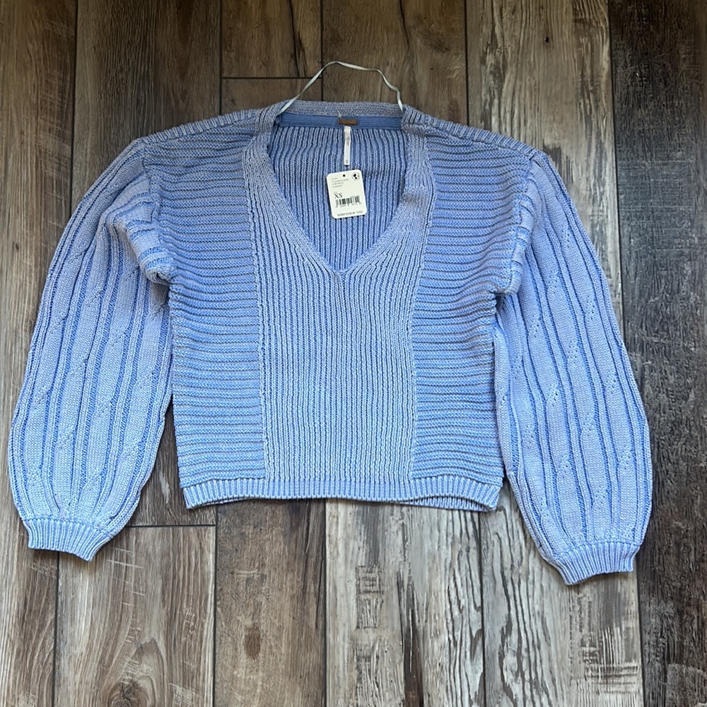 NWT Free People When It Rains V Neck Sweater Cornflower Blue XS - Picture 8 of 10